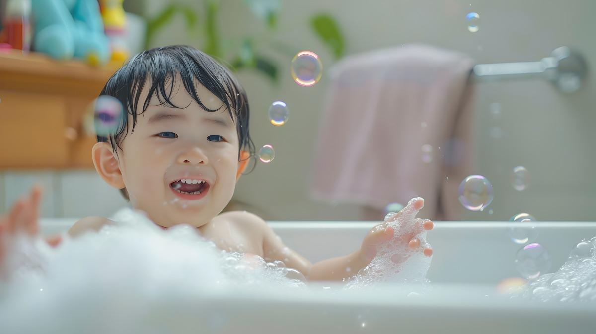 เด็กเล็กกำลังเล่นฟองสบู่ในอ่างอาบน้ำอย่างสนุกสนานในห้องน้ำที่บ้าน